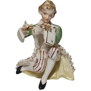 Vintage Thames Victorian Man Figurine Playing Flute Lace Hand Painted 4 In SEE‎